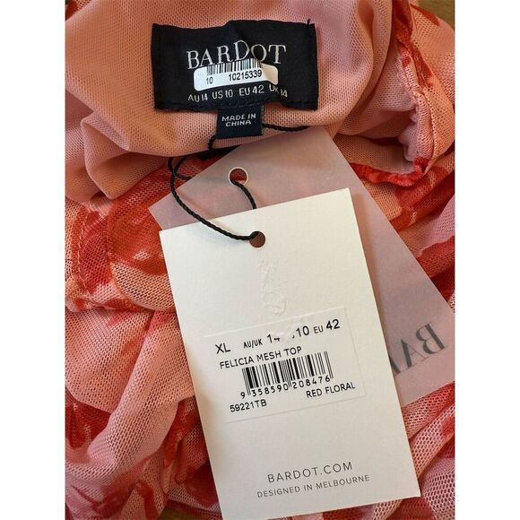 Bardot Women's Felicia Mesh Top Size 10 Red Floral Ruched Blouse - Picture 10 of 12